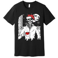 Smiling Skull Drinking Coffee Santa Ugly Christmas Skeleton Premium T-Shirt