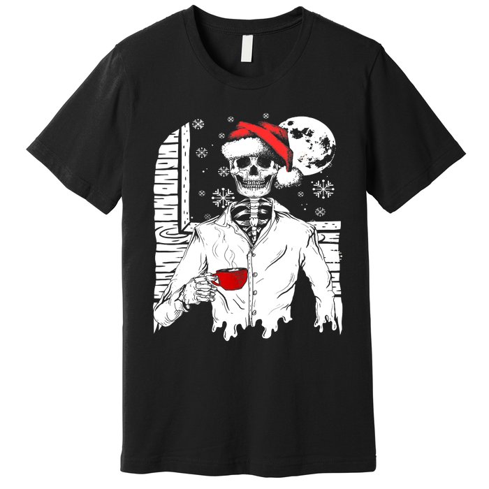 Smiling Skull Drinking Coffee Santa Ugly Christmas Skeleton Premium T-Shirt