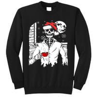 Smiling Skull Drinking Coffee Santa Ugly Christmas Skeleton Tall Sweatshirt