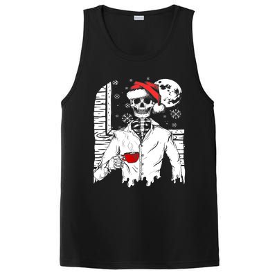 Smiling Skull Drinking Coffee Santa Ugly Christmas Skeleton PosiCharge Competitor Tank