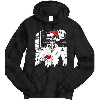 Smiling Skull Drinking Coffee Santa Ugly Christmas Skeleton Tie Dye Hoodie