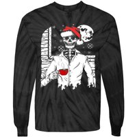 Smiling Skull Drinking Coffee Santa Ugly Christmas Skeleton Tie-Dye Long Sleeve Shirt