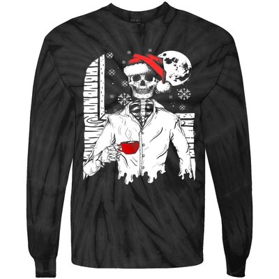 Smiling Skull Drinking Coffee Santa Ugly Christmas Skeleton Tie-Dye Long Sleeve Shirt