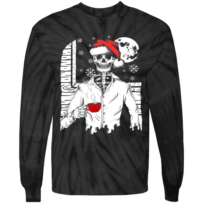 Smiling Skull Drinking Coffee Santa Ugly Christmas Skeleton Tie-Dye Long Sleeve Shirt