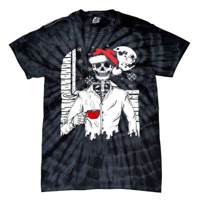 Smiling Skull Drinking Coffee Santa Ugly Christmas Skeleton Tie-Dye T-Shirt