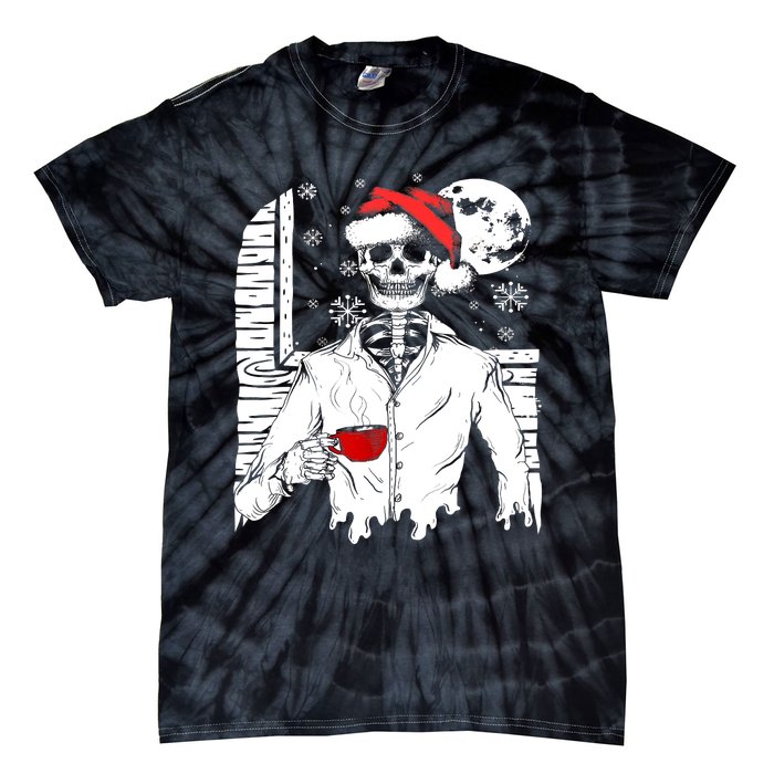 Smiling Skull Drinking Coffee Santa Ugly Christmas Skeleton Tie-Dye T-Shirt