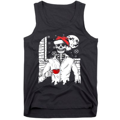 Smiling Skull Drinking Coffee Santa Ugly Christmas Skeleton Tank Top