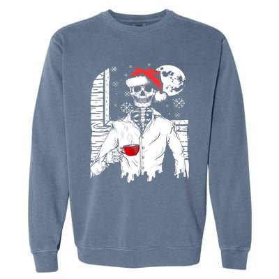 Smiling Skull Drinking Coffee Santa Ugly Christmas Skeleton Garment-Dyed Sweatshirt