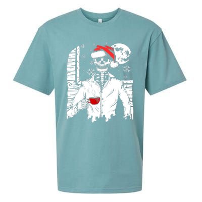 Smiling Skull Drinking Coffee Santa Ugly Christmas Skeleton Sueded Cloud Jersey T-Shirt