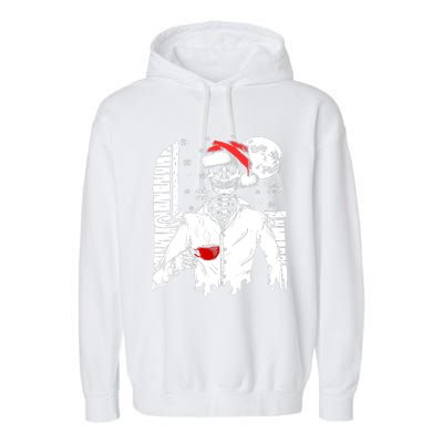 Smiling Skull Drinking Coffee Santa Ugly Christmas Skeleton Garment-Dyed Fleece Hoodie