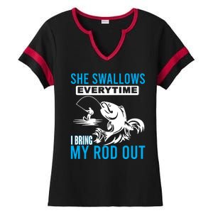 She Swallows Every Time I Bring Out My Rod Funny Fishing Ladies Halftime Notch Neck Tee