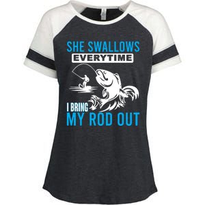 She Swallows Every Time I Bring Out My Rod Funny Fishing Enza Ladies Jersey Colorblock Tee