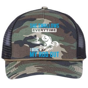 She Swallows Every Time I Bring Out My Rod Funny Fishing Retro Rope Trucker Hat Cap