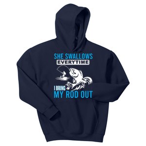 She Swallows Every Time I Bring Out My Rod Funny Fishing Kids Hoodie