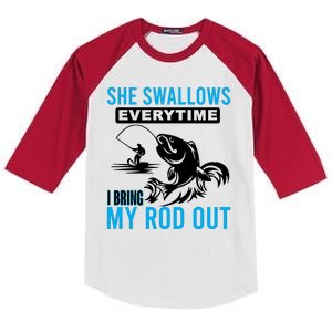 She Swallows Every Time I Bring Out My Rod Funny Fishing Kids Colorblock Raglan Jersey