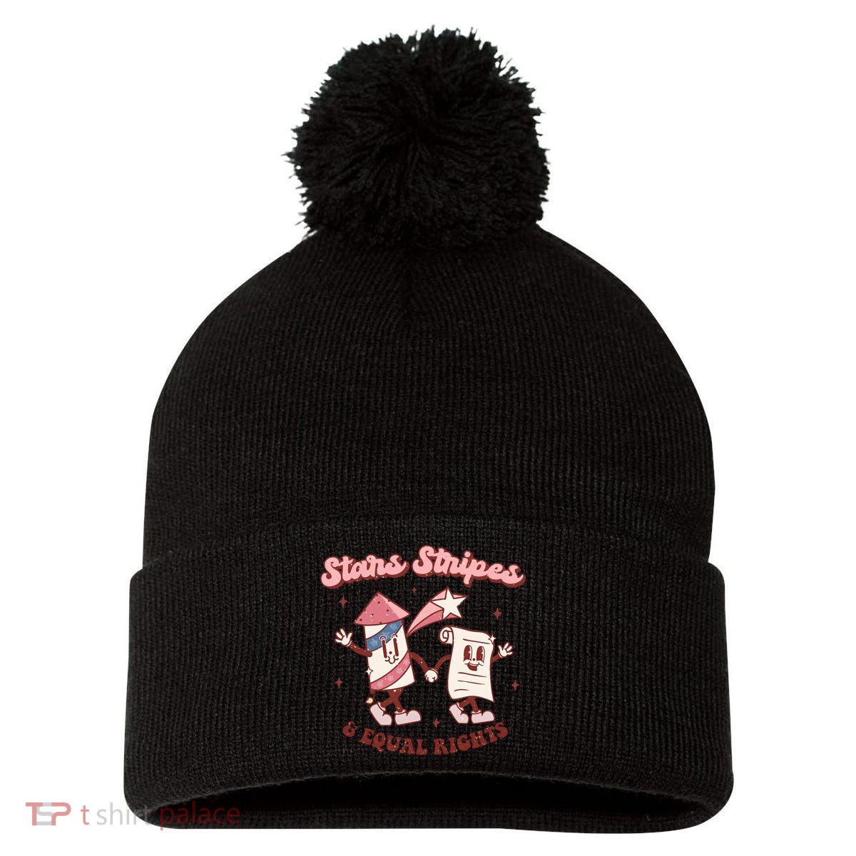 Stars Stripes & Equal Rights 4th Of July Retro Liberal Patriotic Americ Pom Pom 12in Knit Beanie