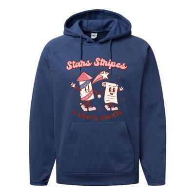 Stars Stripes & Equal Rights 4th Of July Retro Liberal Patriotic Americ Performance Fleece Hoodie