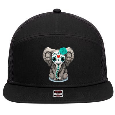 Sugar Skull Elephant Day Of The Dead Halloween Gift 7 Panel Mesh Trucker Snapback Hat