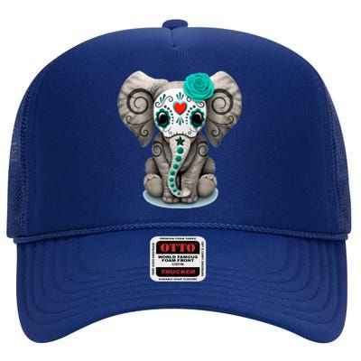 Sugar Skull Elephant Day Of The Dead Halloween Gift High Crown Mesh Back Trucker Hat