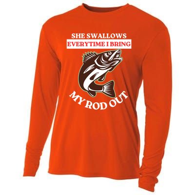 She Swallows Everytime I Bring My Rod Out Funny Fishing Joke Gift Cooling Performance Long Sleeve Crew