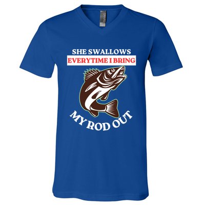 She Swallows Everytime I Bring My Rod Out Funny Fishing Joke Gift V-Neck T-Shirt