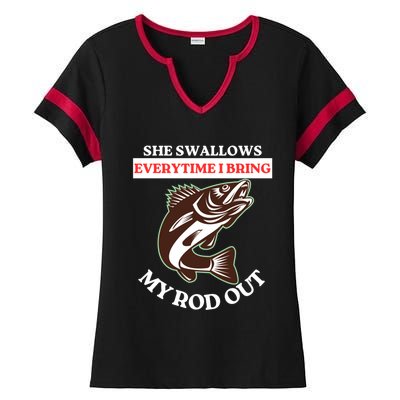 She Swallows Everytime I Bring My Rod Out Funny Fishing Joke Gift Ladies Halftime Notch Neck Tee