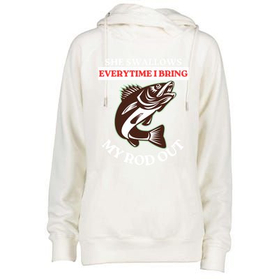 She Swallows Everytime I Bring My Rod Out Funny Fishing Joke Gift Womens Funnel Neck Pullover Hood