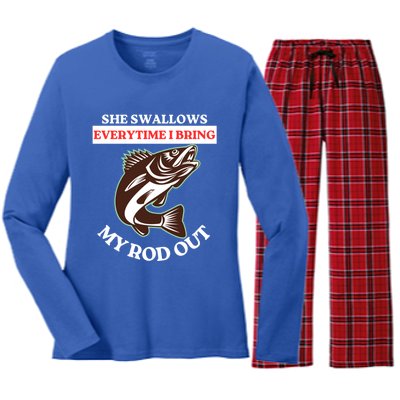 She Swallows Everytime I Bring My Rod Out Funny Fishing Joke Gift Women's Long Sleeve Flannel Pajama Set 