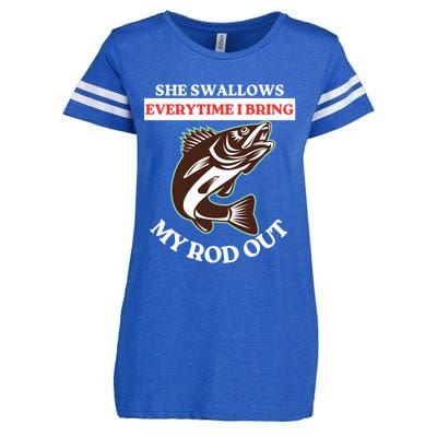 She Swallows Everytime I Bring My Rod Out Funny Fishing Joke Gift Enza Ladies Jersey Football T-Shirt