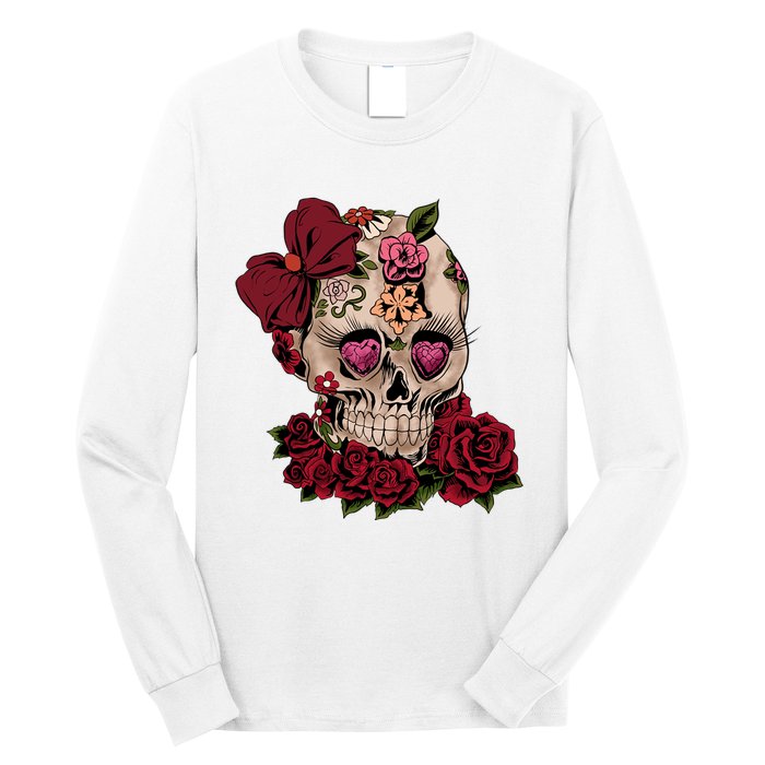 Sugar Skull Flowers Day Of The Dead Gift Idea Long Sleeve Shirt