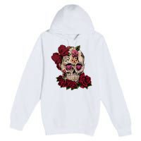 Sugar Skull Flowers Day Of The Dead Gift Idea Premium Pullover Hoodie