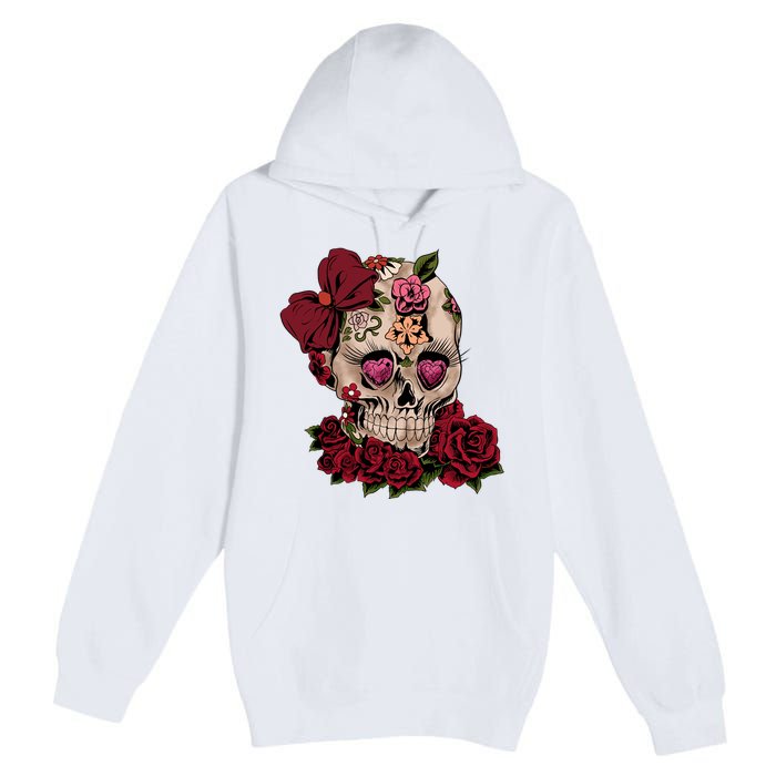 Sugar Skull Flowers Day Of The Dead Gift Idea Premium Pullover Hoodie