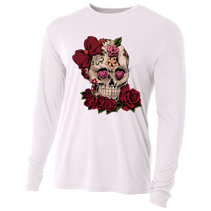 Sugar Skull Flowers Day Of The Dead Gift Idea Cooling Performance Long Sleeve Crew