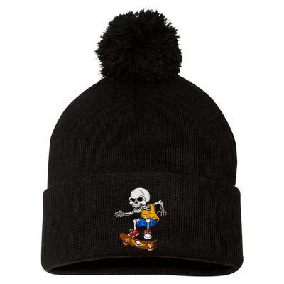 Skateboarding Skeleton Funny Skater Skate Board Halloween Pom Pom 12in Knit Beanie