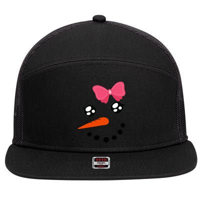 Snow Snowman Face Carrot Nose Pink Bow  7 Panel Mesh Trucker Snapback Hat