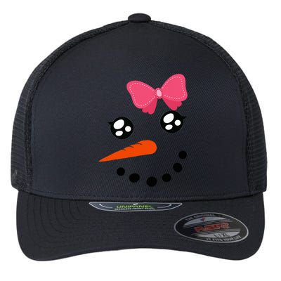 Snow Snowman Face Carrot Nose Pink Bow  Flexfit Unipanel Trucker Cap