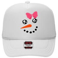 Snow Snowman Face Carrot Nose Pink Bow  High Crown Mesh Back Trucker Hat