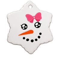 Snow Snowman Face Carrot Nose Pink Bow  Ceramic Star Ornament