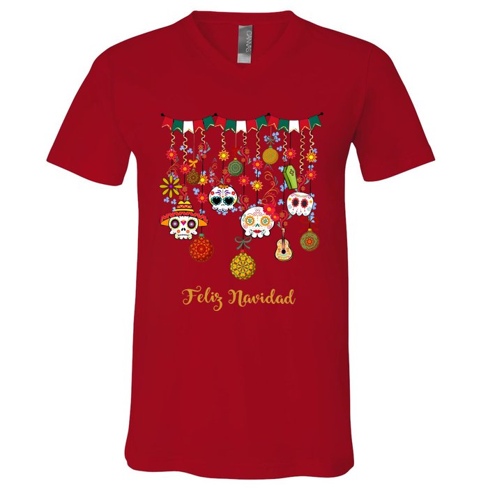 Sugar Skull Feliz Navidad Spanish Christmas V-Neck T-Shirt