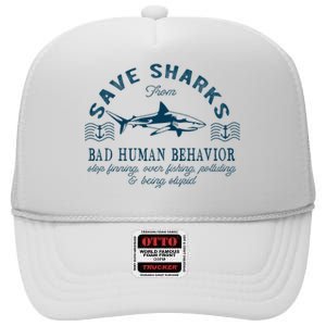 Save Sharks From Bad Human Behavior Blue Nautical Shark High Crown Mesh Back Trucker Hat