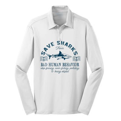 Save Sharks From Bad Human Behavior Blue Nautical Shark Silk Touch Performance Long Sleeve Polo