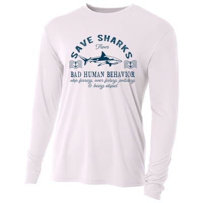 Save Sharks From Bad Human Behavior Blue Nautical Shark Cooling Performance Long Sleeve Crew