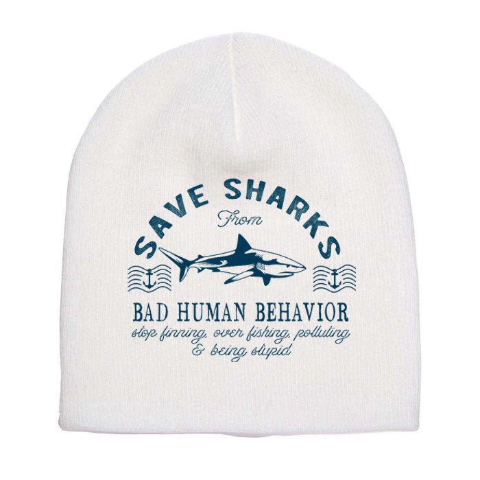 Save Sharks From Bad Human Behavior Blue Nautical Shark Short Acrylic Beanie