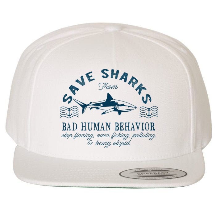 Save Sharks From Bad Human Behavior Blue Nautical Shark Wool Snapback Cap