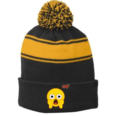 Scared Screaming Face Flat Stripe Pom Pom Beanie