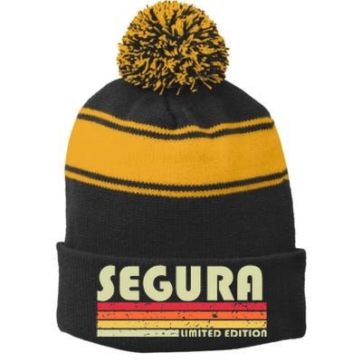 Segura Surname Funny Retro Vintage 80s 90s Birthday Reunion Stripe Pom Pom Beanie