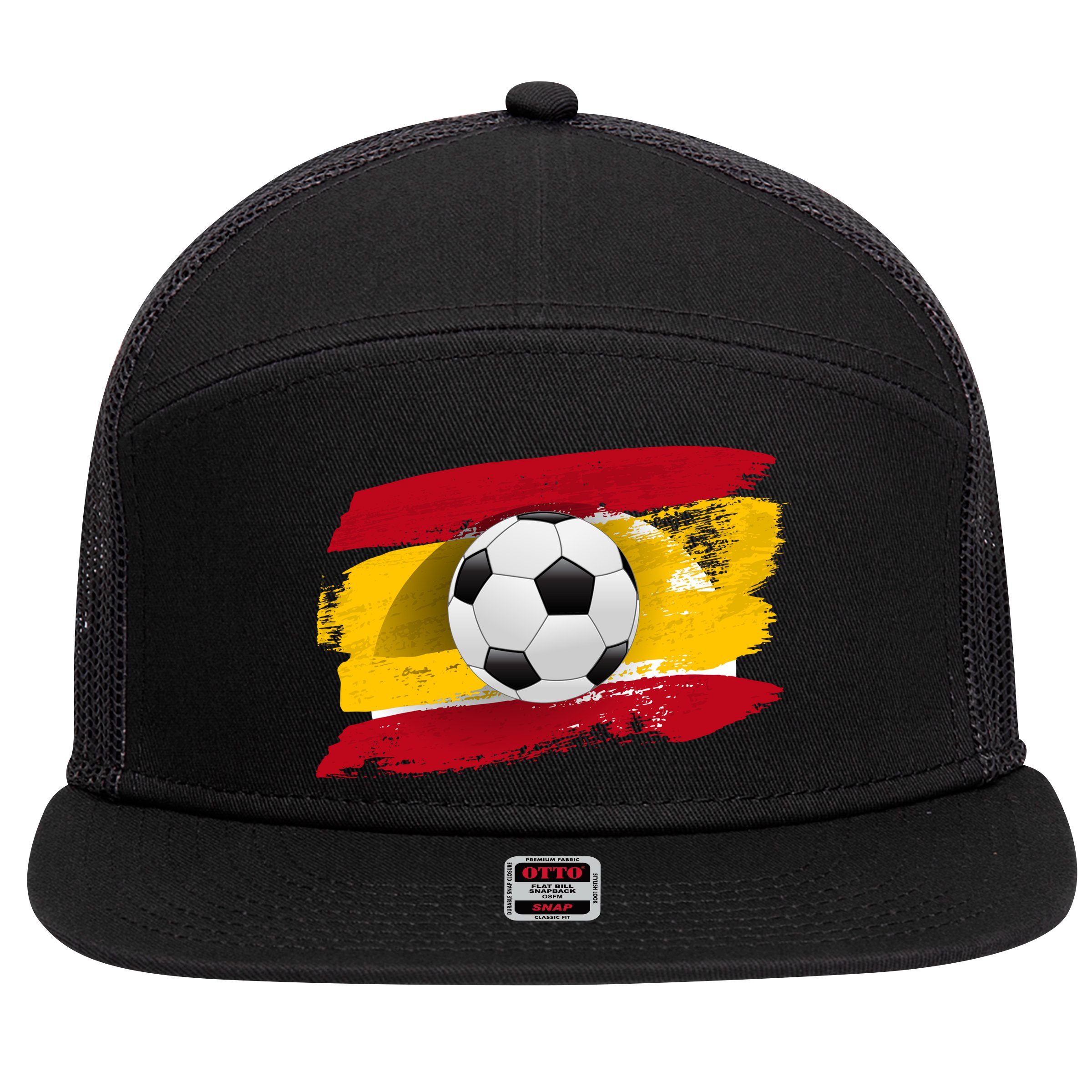 Spain Soccer Flag 7 Panel Mesh Trucker Snapback Hat