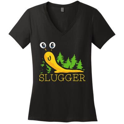 Slugger Slug – Funny Banana Slug Expert Baseball Game Player Women's V-Neck T-Shirt