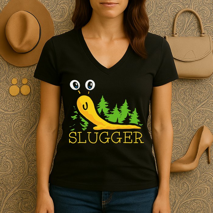 Slugger Slug – Funny Banana Slug Expert Baseball Game Player Women's V-Neck T-Shirt