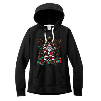 Santa Scottish Fold Cat Playing Hockey Christmas Cute Gift Women's Fleece Hoodie